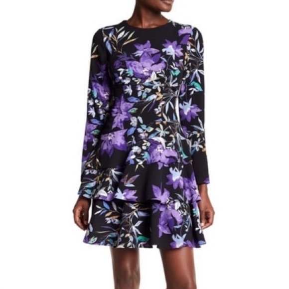 Amazingly beautiful & flowy Eliza J purple/black floral crepe long sleeve dress - Picture 1 of 7